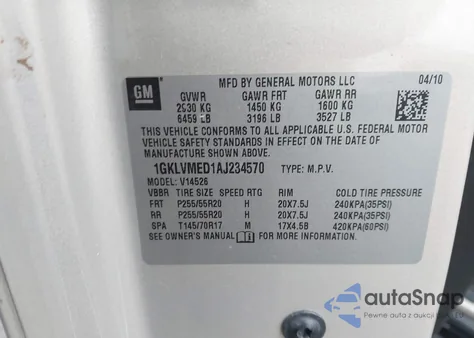 2010 GMC Acadia Slt-1 from USA, damaged, VIN 1GKLVMED1AJ234570